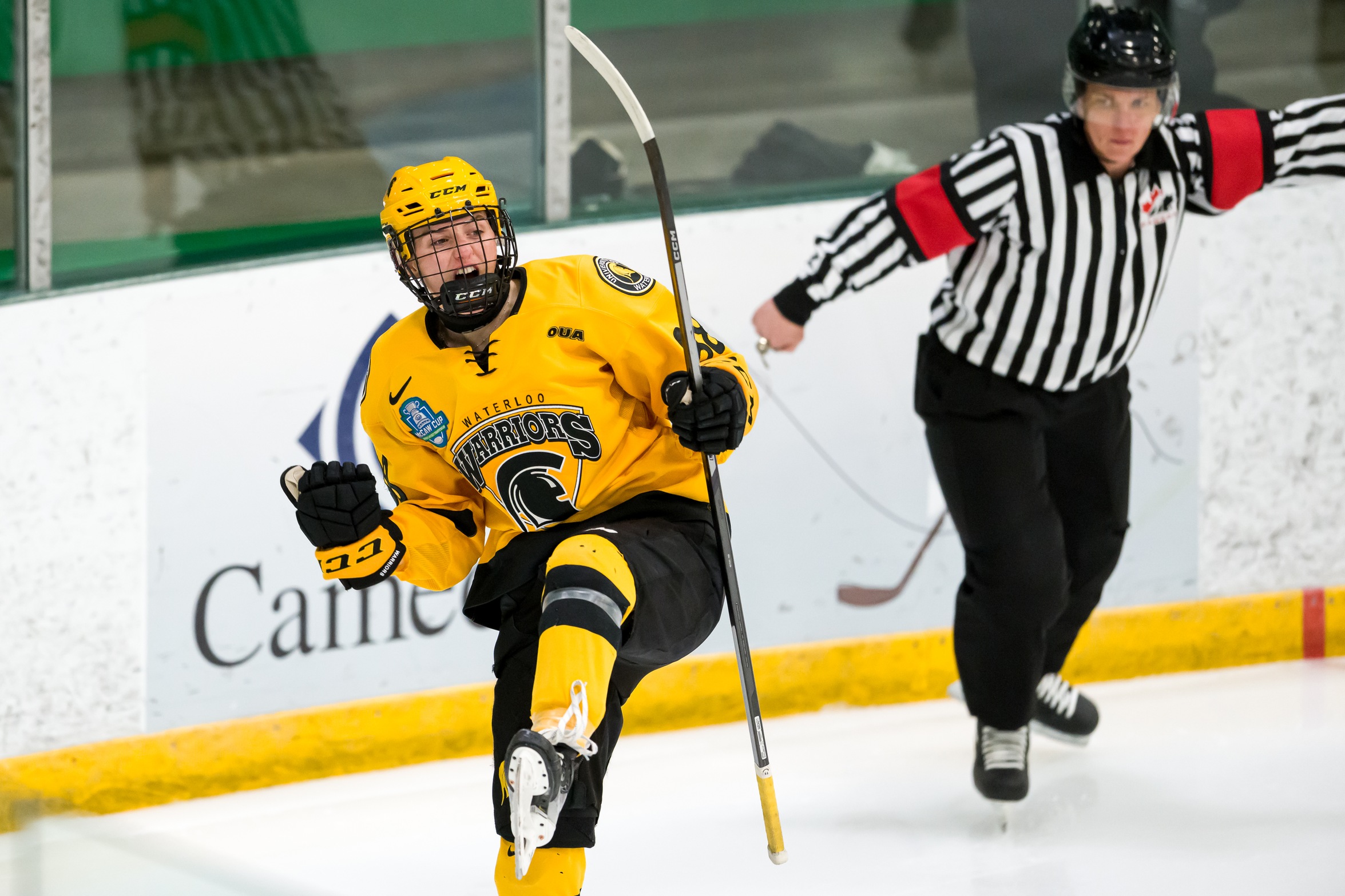 Image of Waterloo Warriors Women's Hockey Athlete Celebrating 