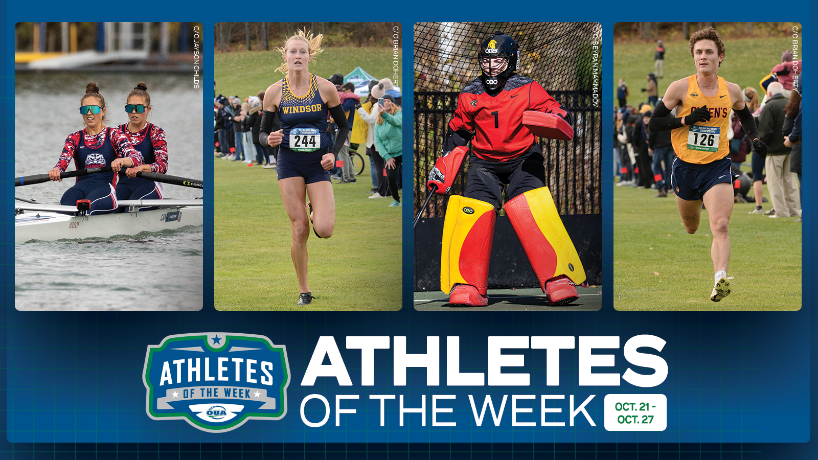 Graphic on predominantly blue background featuring action photo of Brock Badgers Zoe & Isabella Durcak, Windsor Lancers Madelyn Eybergen, Waterloo Warriors Marielle Fernback, and Queen’s Gaels Jude Wheeler-Dee, along with the OUA Athletes of the Week logo and large white 'Athletes of the Week' text in the lower third