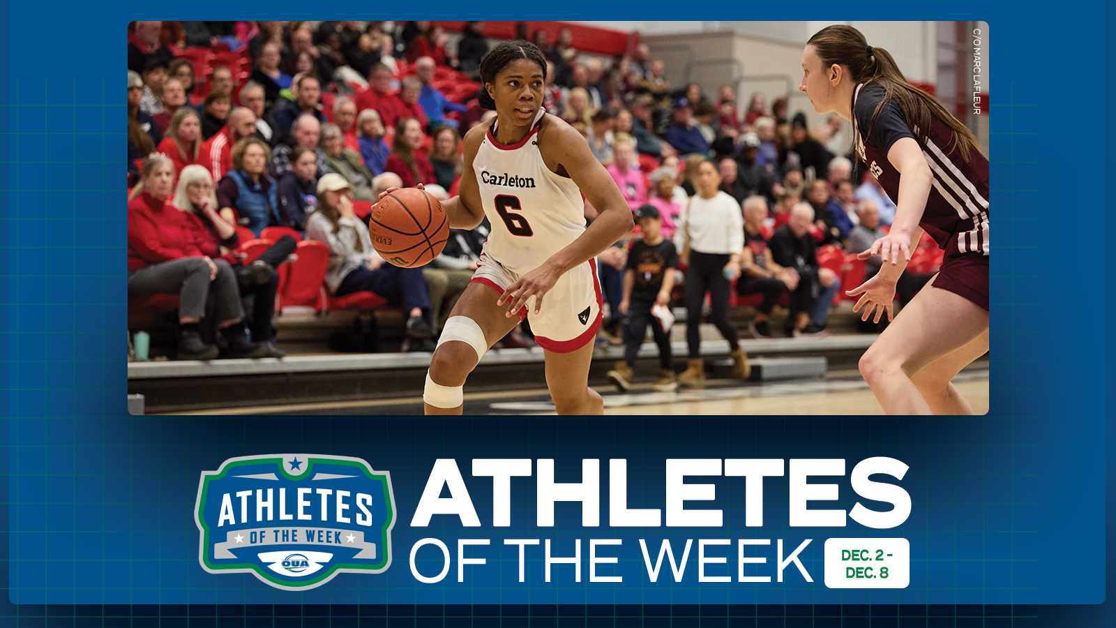 Graphic on predominantly blue background featuring action photo of Carleton Ravens Tatyanna Burke with her name, school, and sport placed below the photo, along with the OUA Athletes of the Week logo and large white 'Athletes of the Week' text in the lower third