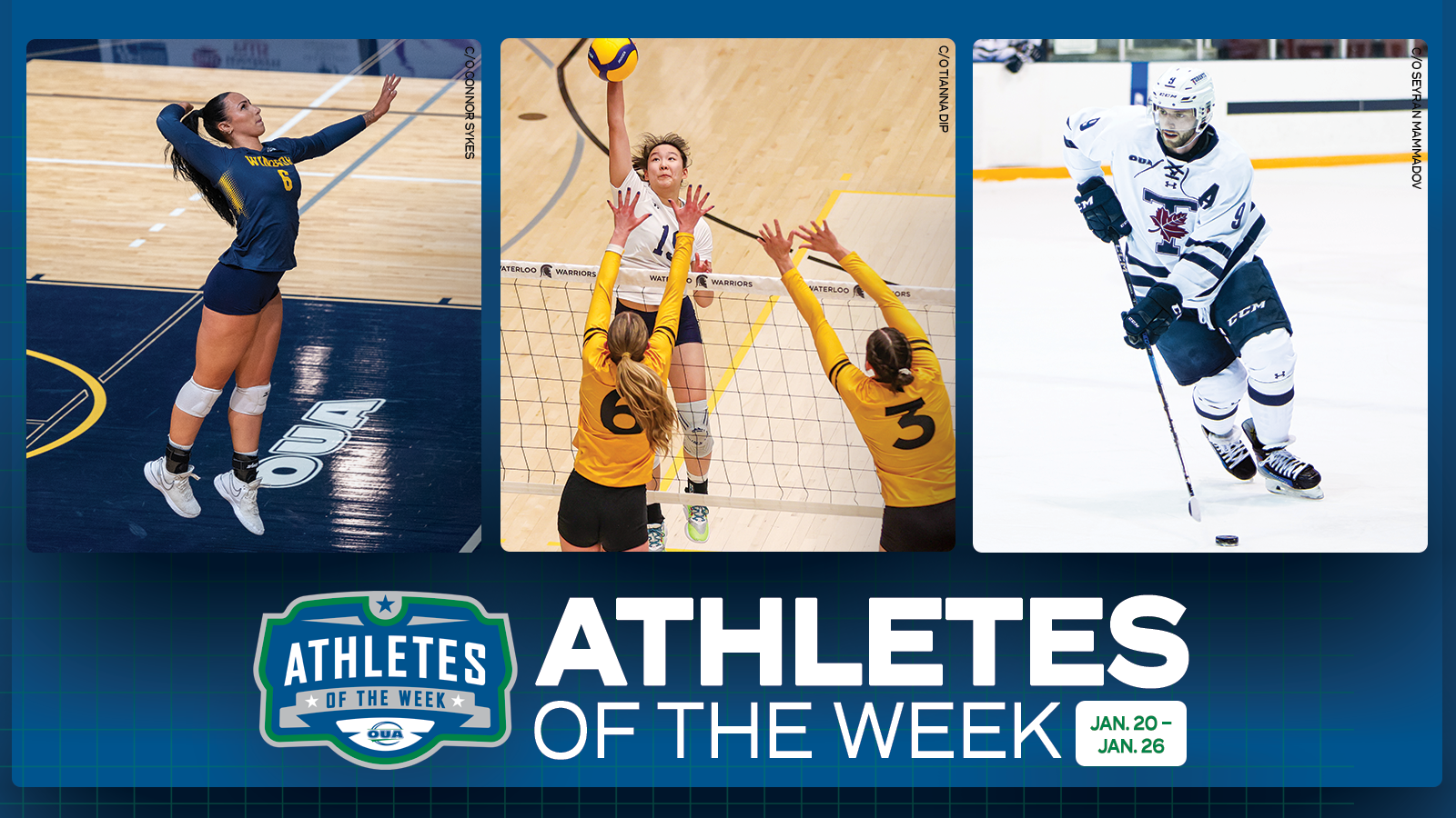 Graphic on predominantly blue background featuring action photo of Windsor Lancers Aliah Admans, Varsity Blues Julia Liu and Owen Robinson along with the OUA Athletes of the Week logo and large white 'Athletes of the Week' text in the lower third