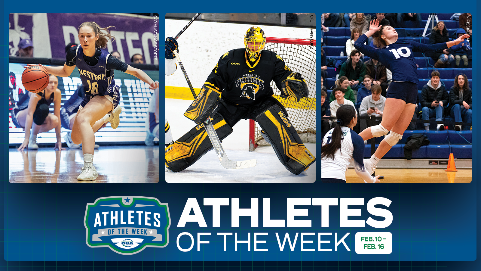 Graphic on predominantly blue background featuring action photo of Jenna Button, Matt Onuska and Oceane Raymond-Leduc along with the OUA Athletes of the Week logo and large white 'Athletes of the Week' text in the lower third