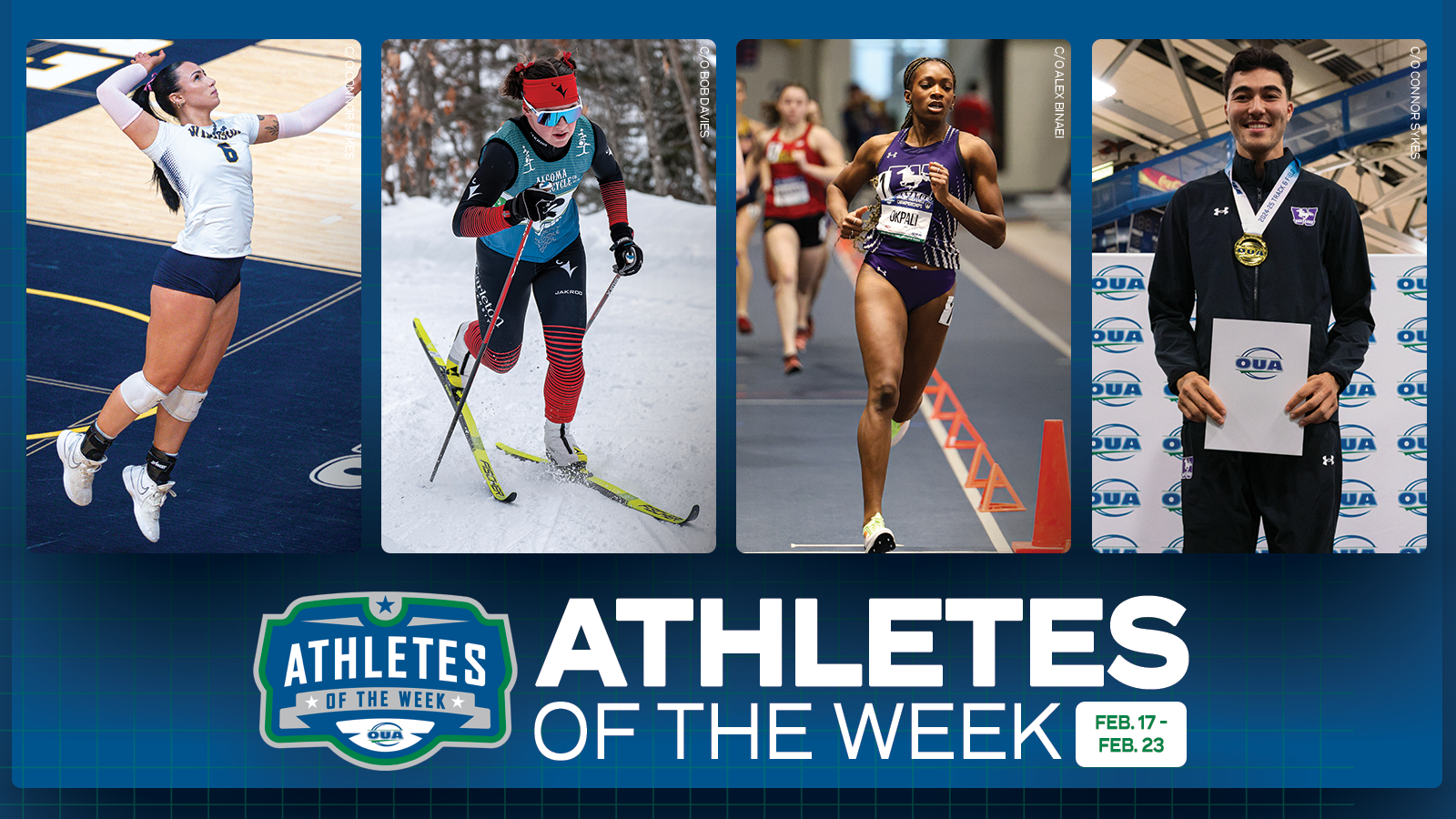Graphic on predominantly blue background featuring action photo of Windsor Lancers volleyball player Aliah Admans, Carleton Ravens Nordic skiing athlete Helen McCulligh, Western Mustangs Track and Field athlete Favour Okpali and Western Mustangs Track and Field athlete Kenneth West with the OUA Athletes of the Week logo and large white 'Athletes of the Week' text in the lower third 