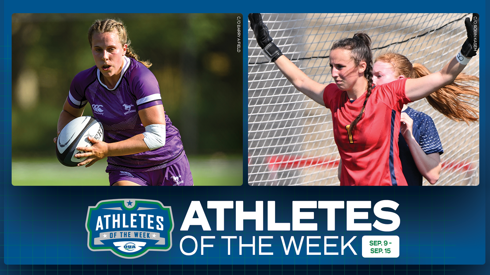 Graphic on a predominantly blue background featuring action photos of  Western Mustangs Taylor Macdonald and Queen’s Gaels Kirstin Tynan along with their school names and the OUA Athletes of the Week logo and large white 'Athletes of the Week' text on either end of the graphic. 