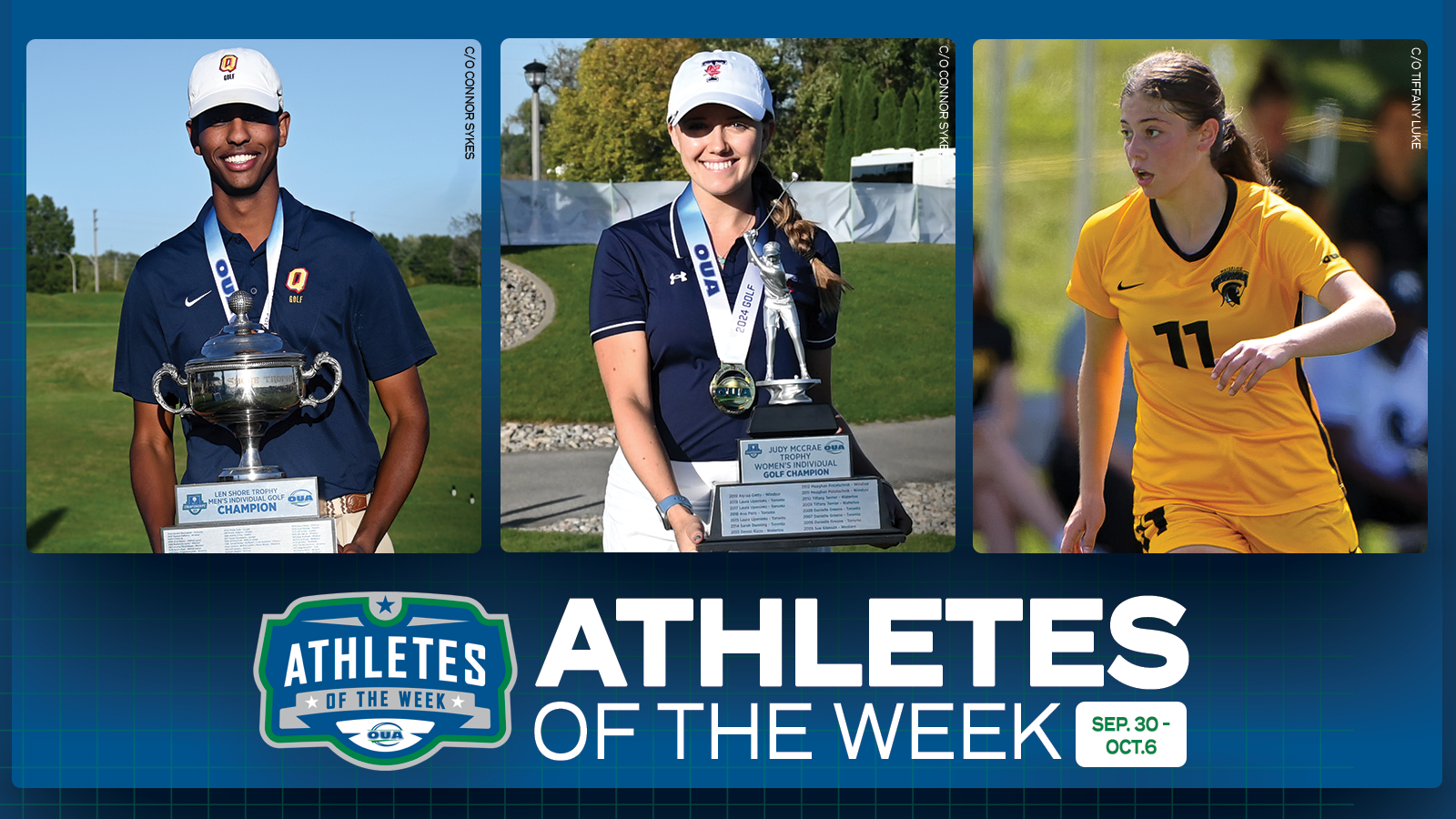 Graphic on predominantly blue background featuring photos of Daniel Abraha, Golf, Queen’s Gaels,
Anna Foley, Golf, Toronto Varsity Blues and 
Aya Naamani, Soccer, Waterloo Warriors 
along with the OUA Athletes of the Week logo and large white 'Athletes of the Week' text in the lower third