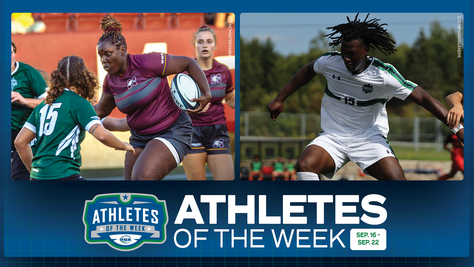 Graphic on predominantly blue background featuring action photo of McMaster Marauders Osa Olaye and Nipissing Lakers Olutosin Ajakaiye with the OUA Athletes of the Week logo and large white 'Athletes of the Week' text in the lower third