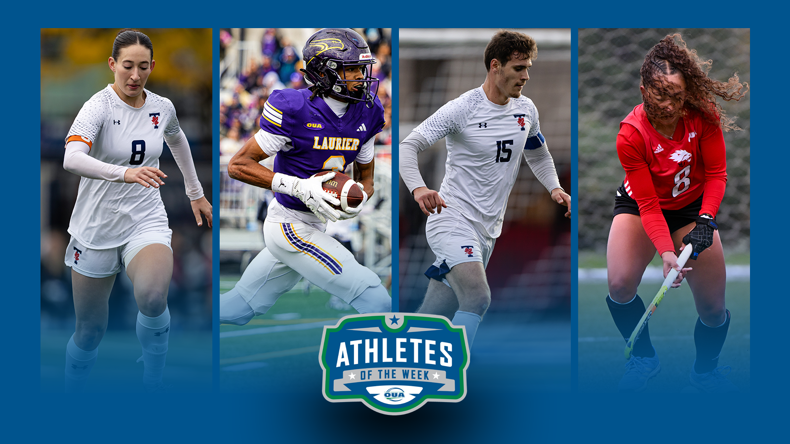 Graphic on predominantly blue background featuring action photo of Hannah Chown, Ryan Hughes, Alexei Ivanov, and Juliet Redelaar along with the OUA Athletes of the Week logo in the lower third.