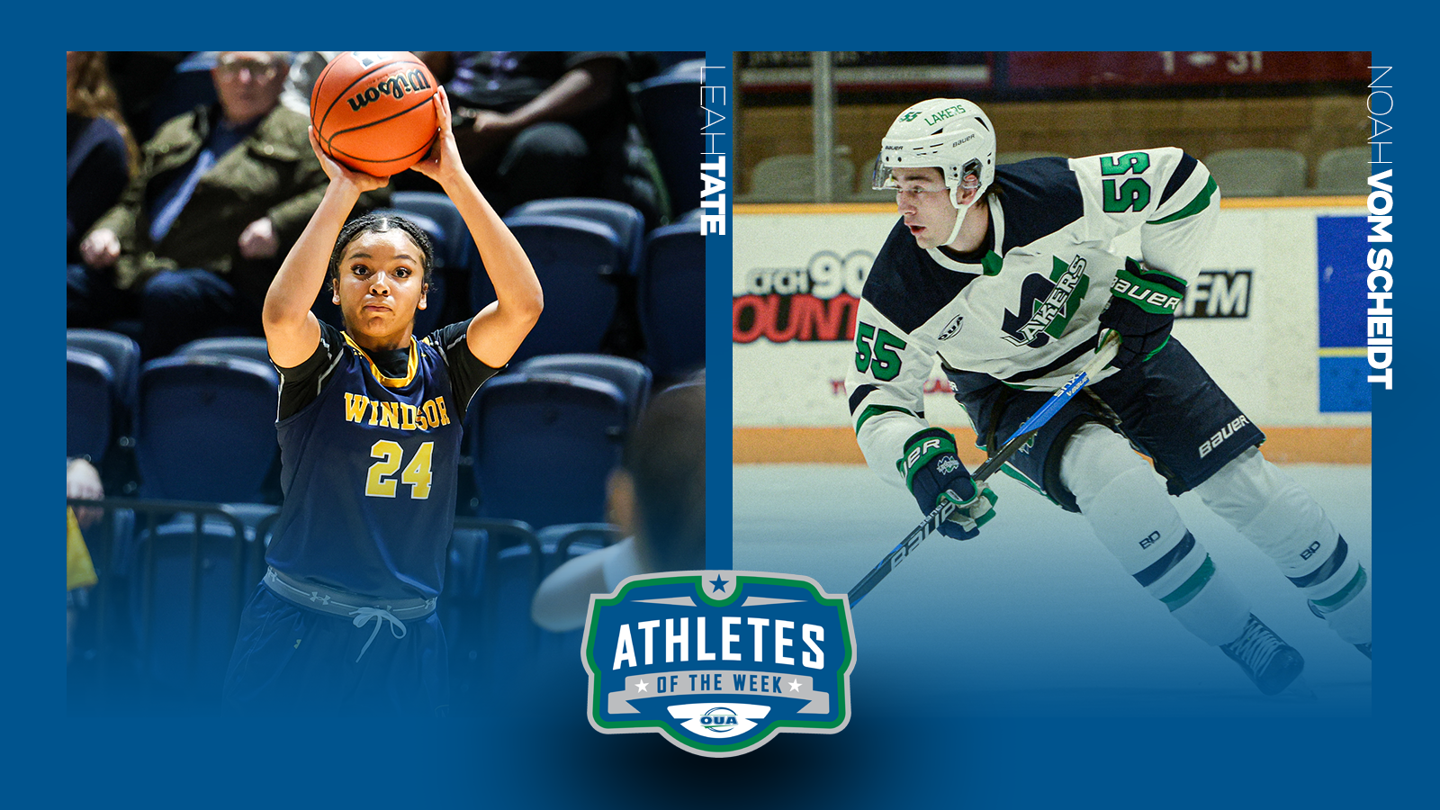 Graphic on predominantly blue background featuring action photo of Leah Tate and Noah Vom Scheidt along with the OUA Athletes of the Week logo in the lower third.