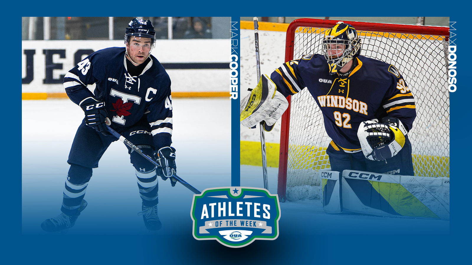 Graphic on predominantly blue background featuring action photo of Mark Cooper and Max Donoso along with the OUA Athletes of the Week logo in the lower third.