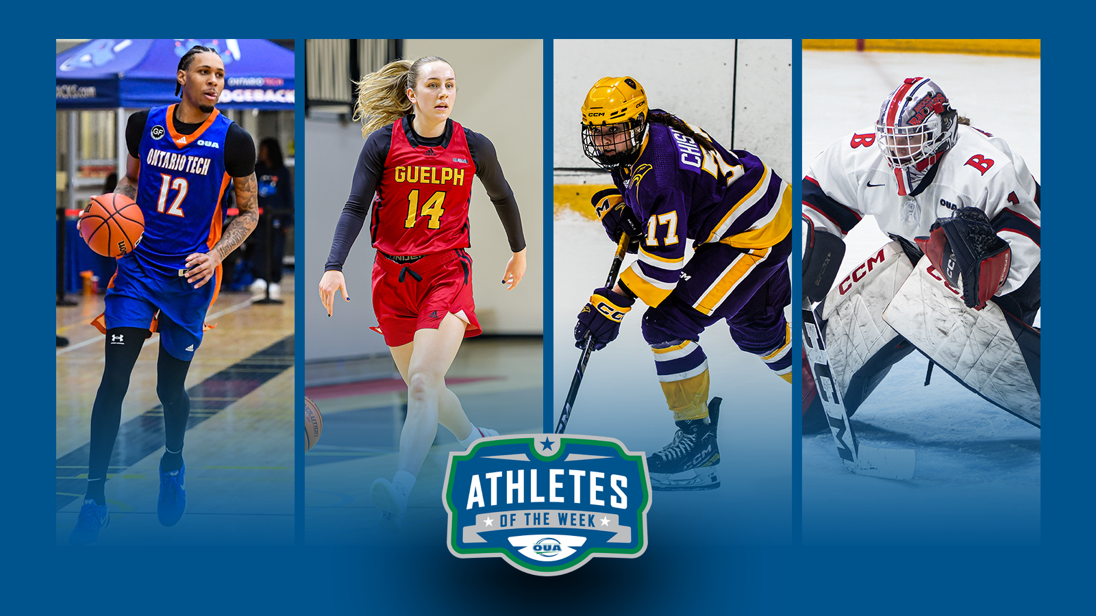 Graphic on predominantly blue background featuring action photo of Keon Baker, Hannah Bourdon, Clara Chisholm, Megan Thiessen along with the OUA Athletes of the Week logo in the lower third.
