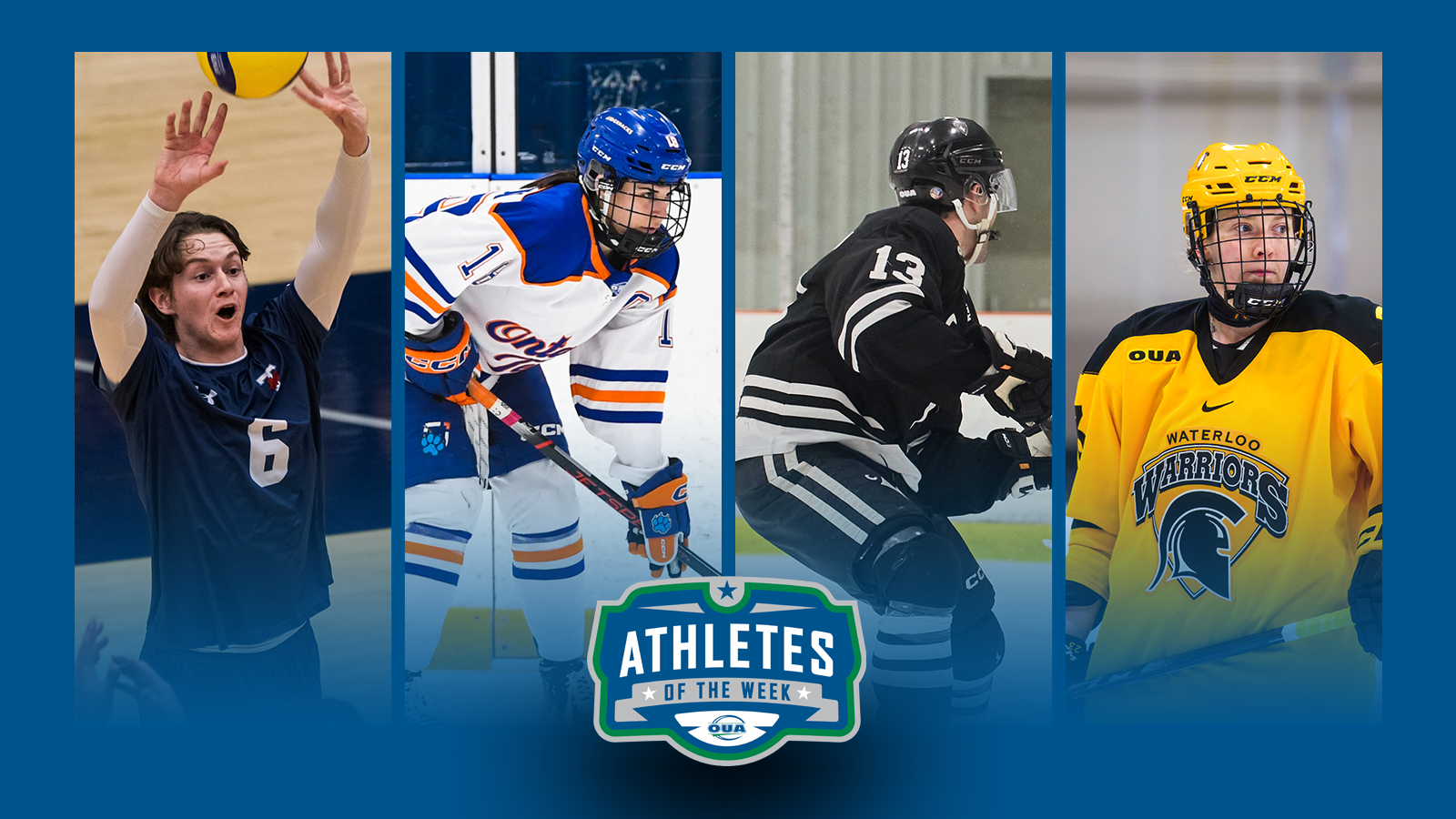 Graphic on predominantly blue background featuring action photo of Michael Hickey, Julia Jackson, Nick McCarry, Keiara Raitt along with the OUA Athletes of the Week logo in the lower third.