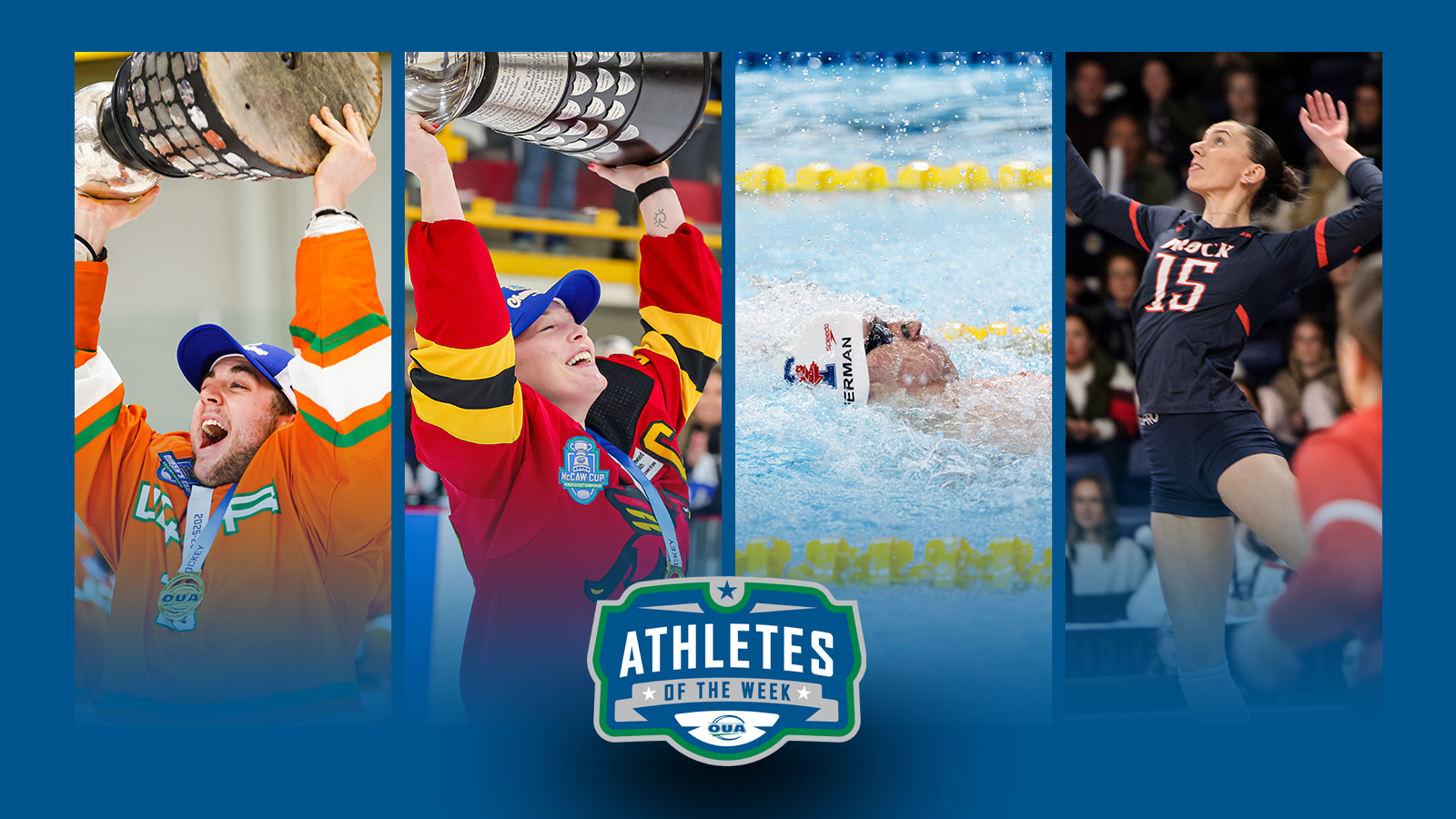 Graphic on predominantly blue background featuring action photos of Kassim Gaudet, Katherine Heard, Andrew Herman, Madison Tuck along with the OUA Athletes of the Week logo in the lower third.