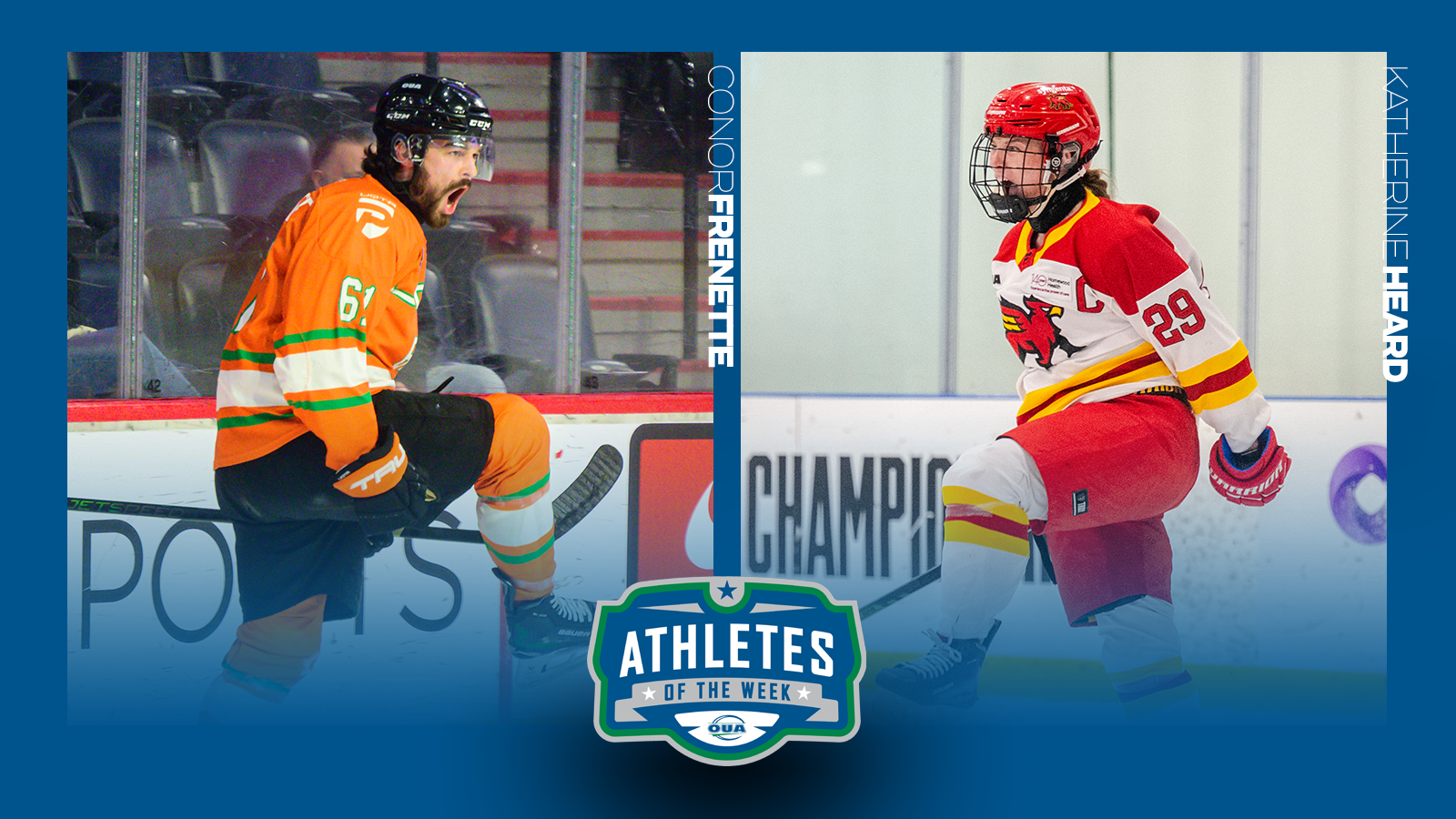 Graphic on predominantly blue background featuring action photos of Conor Frenette, Katherine Heard along with the OUA Athletes of the Week logo in the lower third.