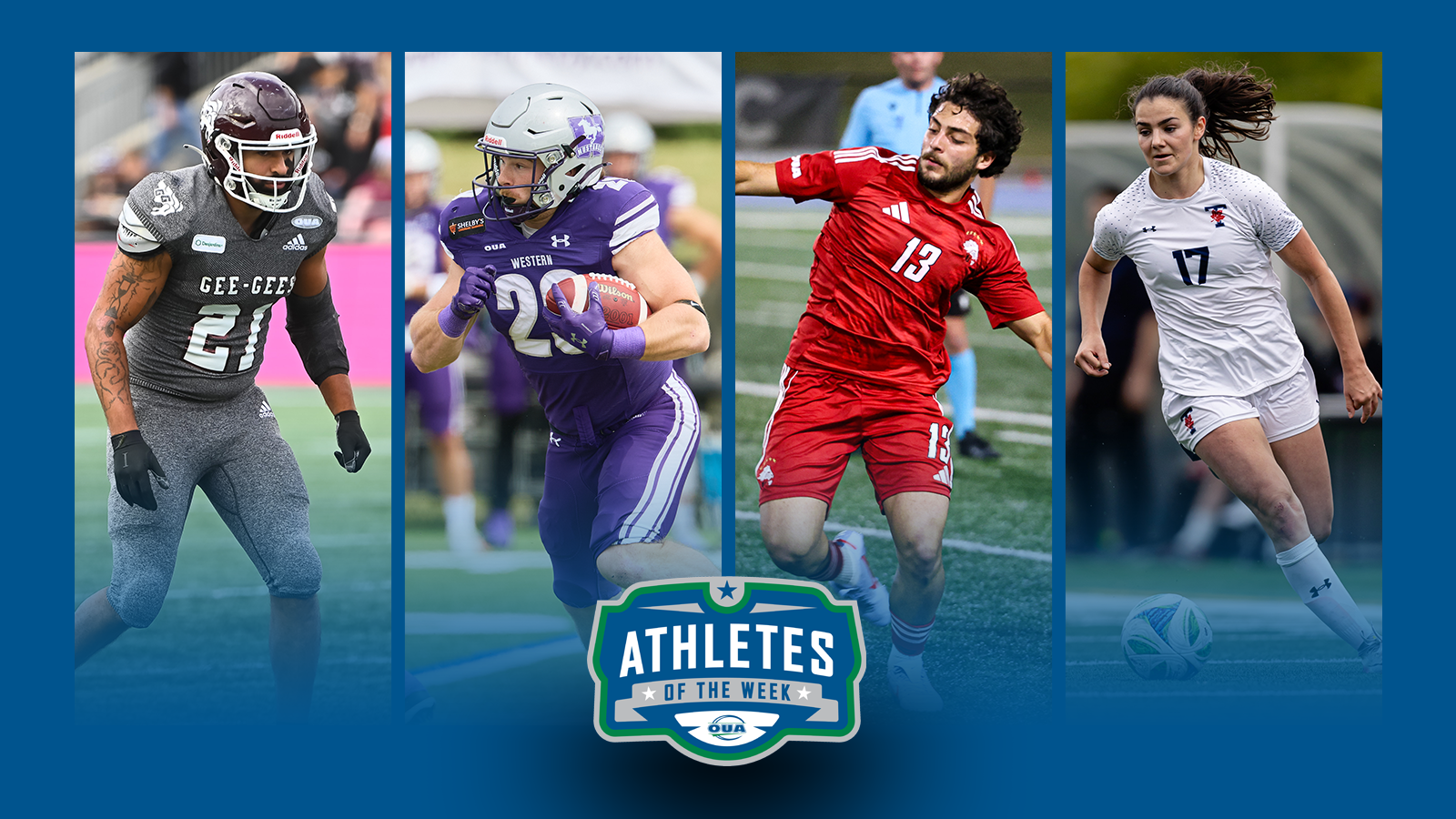 Graphic on predominantly blue background featuring action photo of Jaxxon Brashear, Ethan Dolby, Marco Sciortino, and Anne Yeomans along with the OUA Athletes of the Week logo in the lower third.