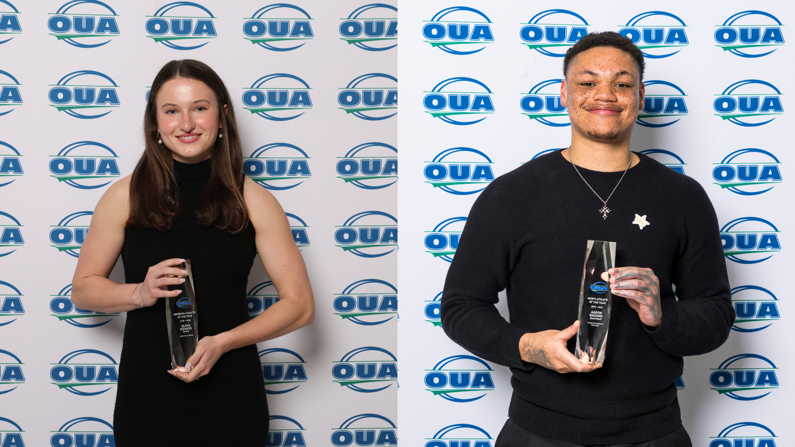 Two photos side by side of the OUA Athletes of the year - Olivia Rizakos from the Guelph Gryphons women's soccer team and Aaron Rhooms from the TMU Bold men's basketball team 