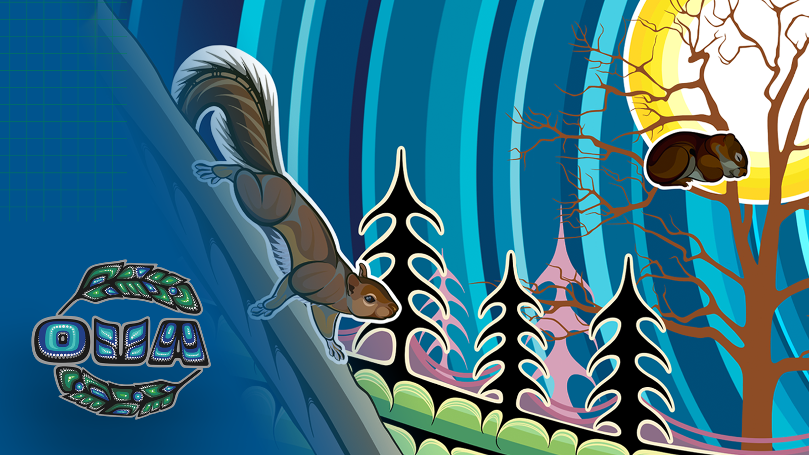 Graphic on blue background featuring art piece from artist Angela Jason