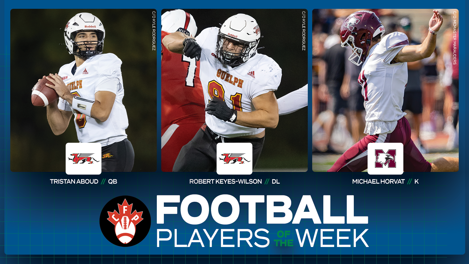 Graphic on predominantly blue background featuring an action photo of Guelph Gryphons? Tristan Aboud, Guelph Gryphons? Robert Keyes-Wilson and McMaster Marauder?s Michael Horvat their name, school, and position placed below the photo, along with the Canadian Football Perspective logo and large white 'Football Player of the Week' text in the lower third.  All three players have their position placed above their photo.
