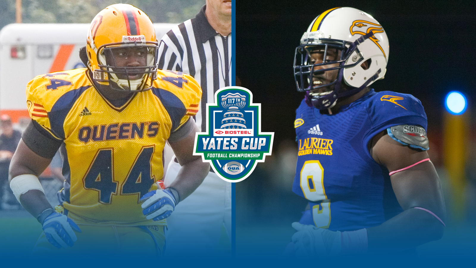 Two action photos of football players with a blue gradient and the OUA Yates Cup logo in the middle