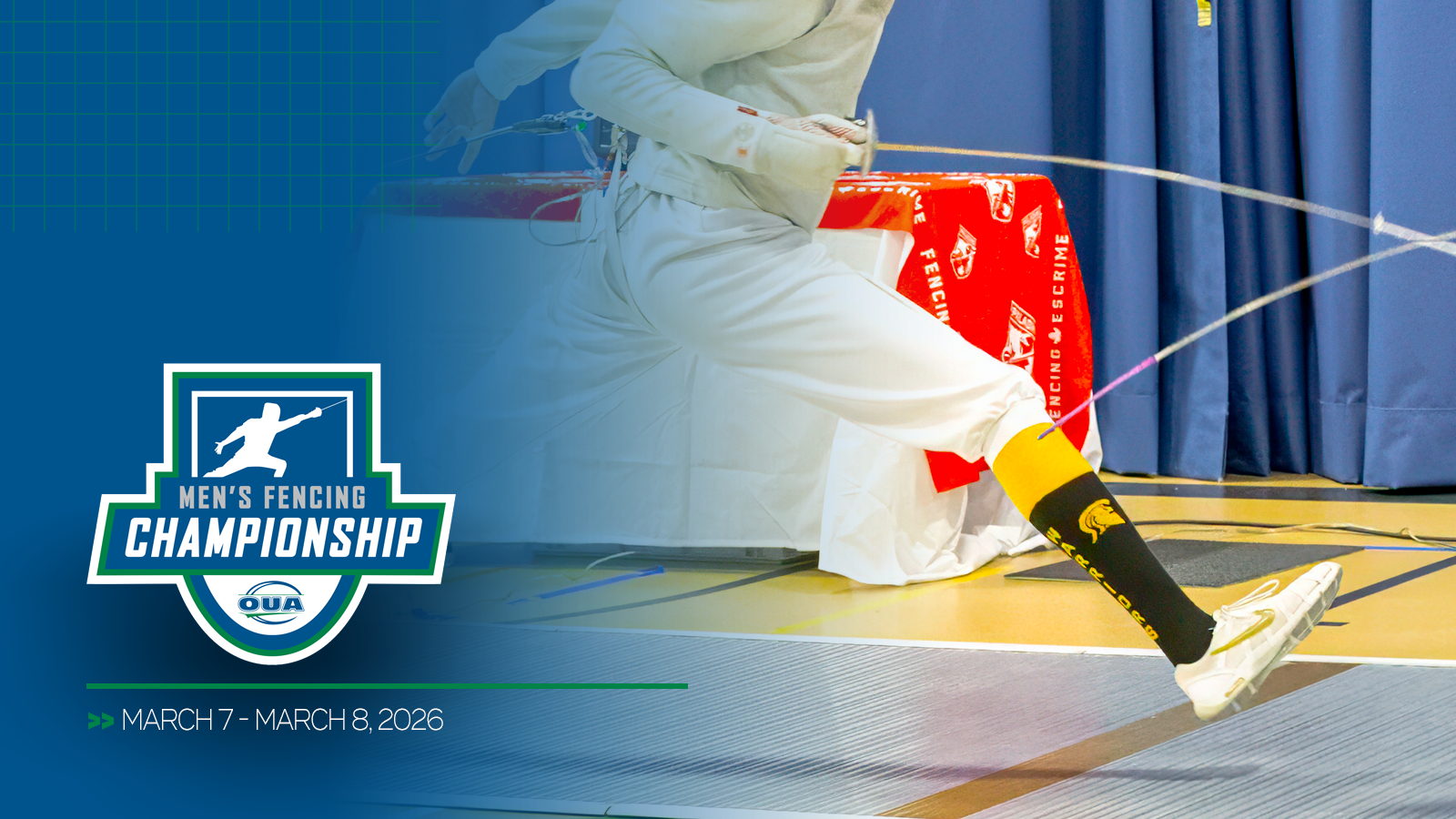 Graphic featuring a Waterloo fencer, with a blue gradient overlap on the left and the Men's Fencing Championship logo and championship date included in the bottom left corner