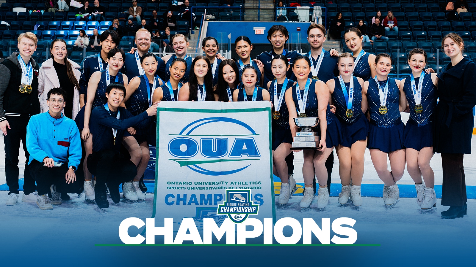 Banner photo of the Toronto Varsity Blues figure skating team after winning the OUA Championship with a blue gradient on the bottom and the OUA Figure Skating Championship logo and the OUA logo on the bottom and the word Champion in large white letters. 