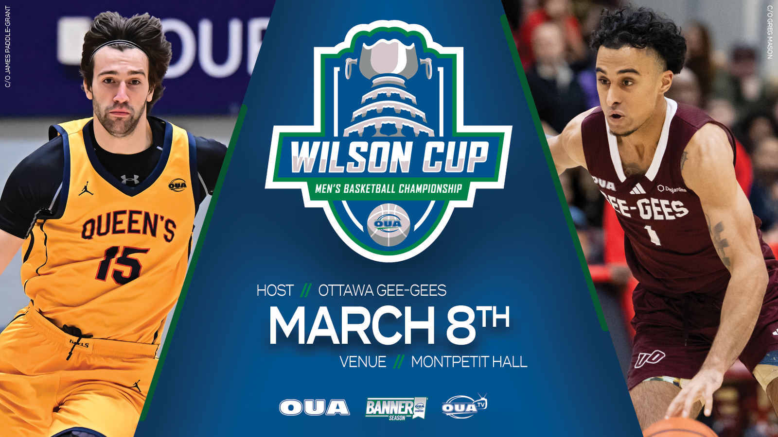Graphic on a blue background with an action shot of a Queen’s men’s basketball player on one side and a Ottawa men’s basketball player on the other with the OUA men’s Basketball Championship logo and event details in the middle.