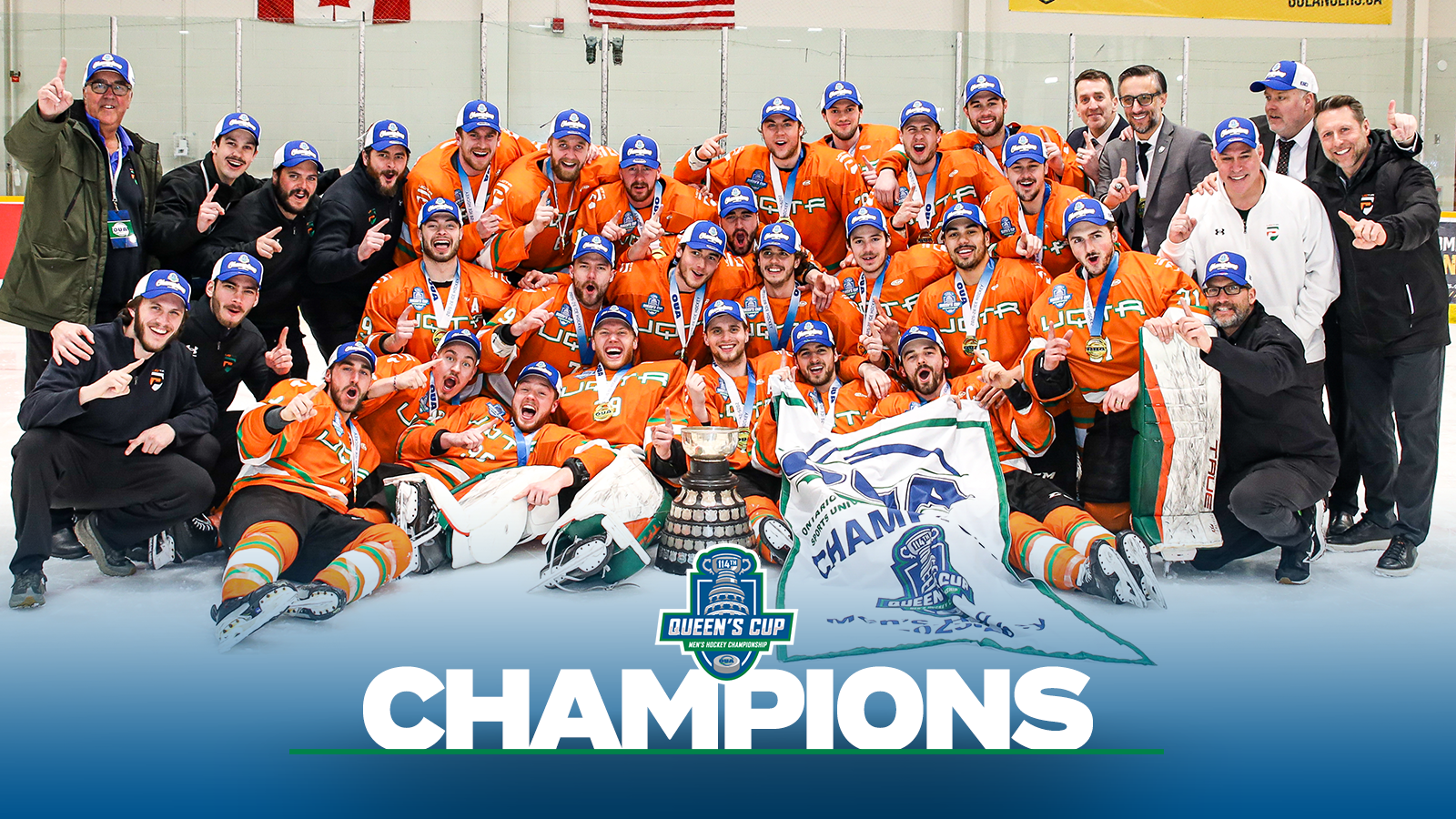 
Banner photo of the UQTR Patriotes men's hockey team after winning the OUA Queen’s Cup Championship with a blue gradient on the bottom and the OUA Queen’s Cup Championship logo and the OUA logo on the bottom and the word Champion in large white letters.
