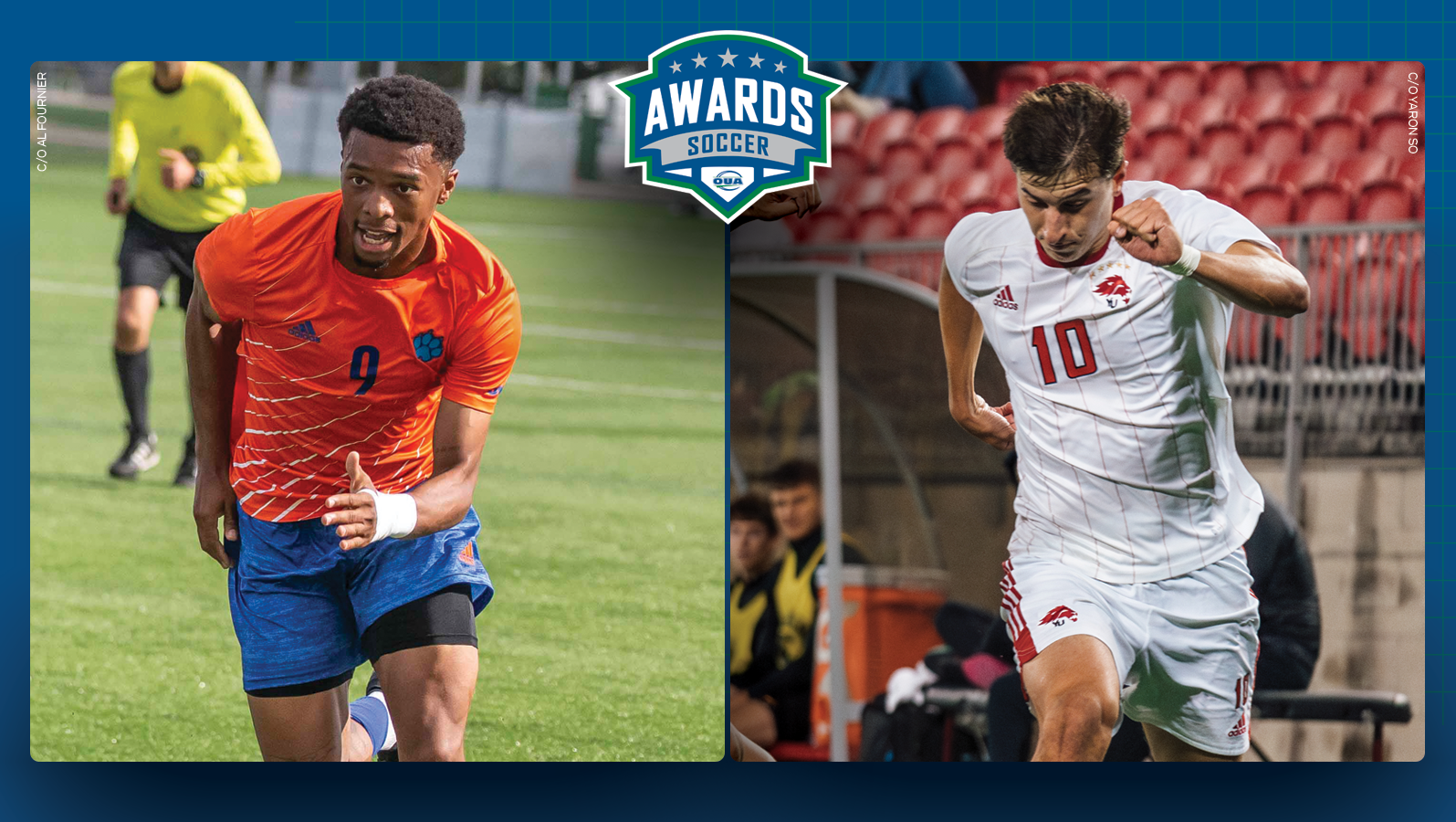 Graphic on predominantly blue background featuring photo of Ontario Tech men’s soccer player Kairo Coore and York Lions men’s soccer player Christian Zeppieri with the OUA men’s soccer awards logo in the middle top of the graphic 