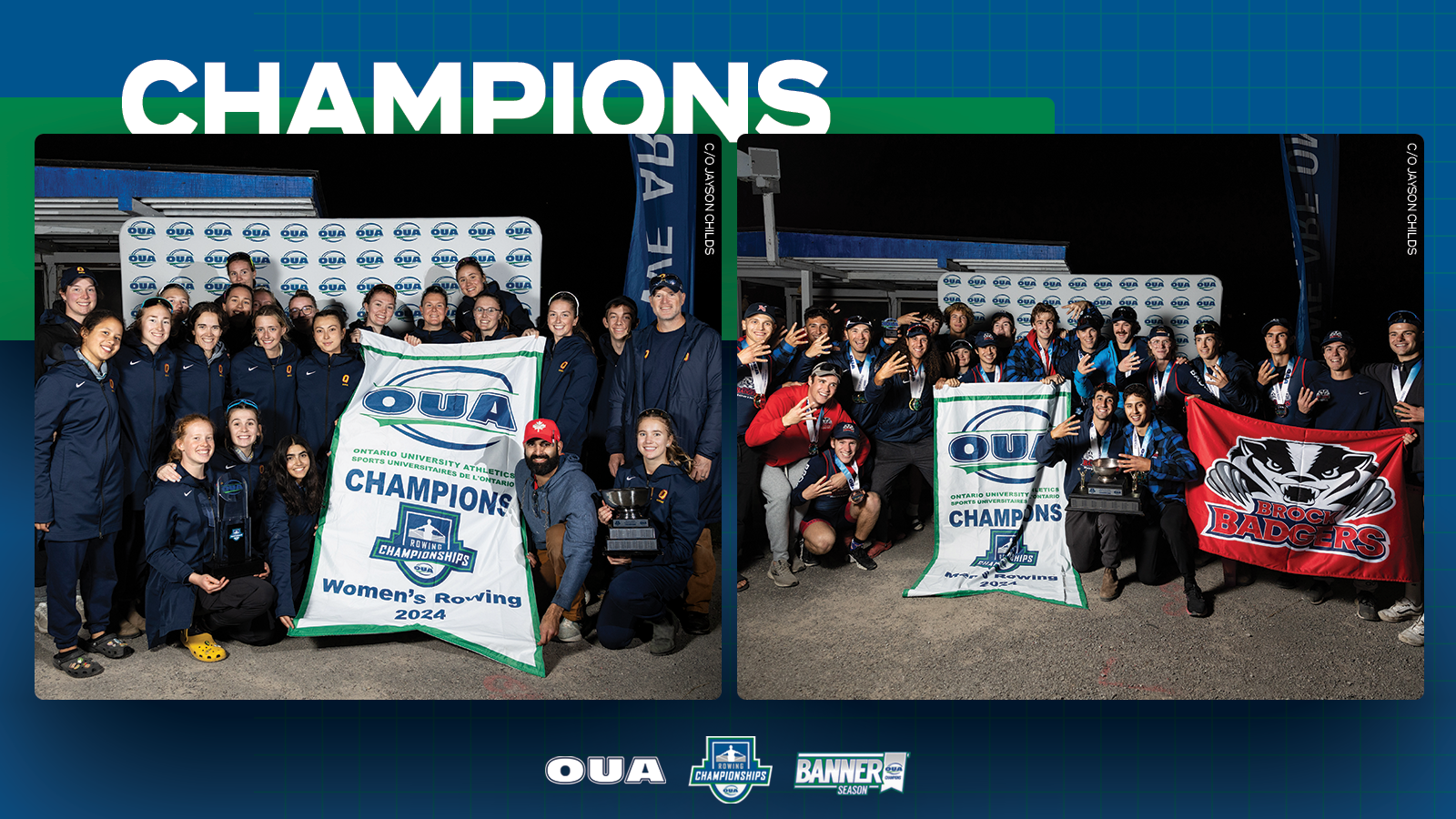 Graphic on blue background featuring banner-winning photo of the Queen's Gaels women's rowing team and the Brock Badgers men's rowing team. Large white text reading, 'CHAMPIONS', is included in the top third 