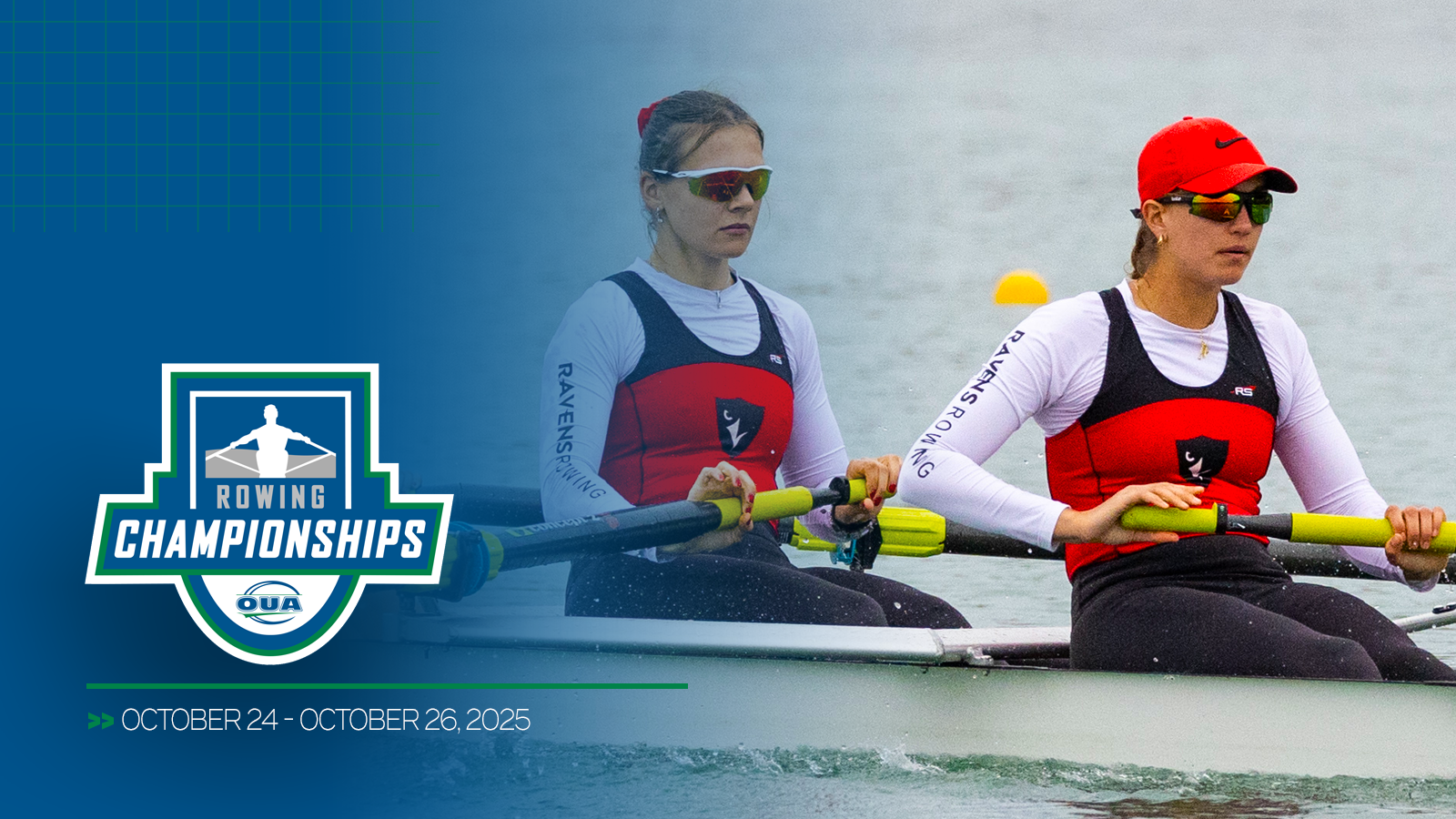 Graphic featuring zoomed in photo of Carleton rowers, with a blue gradient overlap on the left and the OUA Rowing Championships logo and championship dates included in the bottom left corner