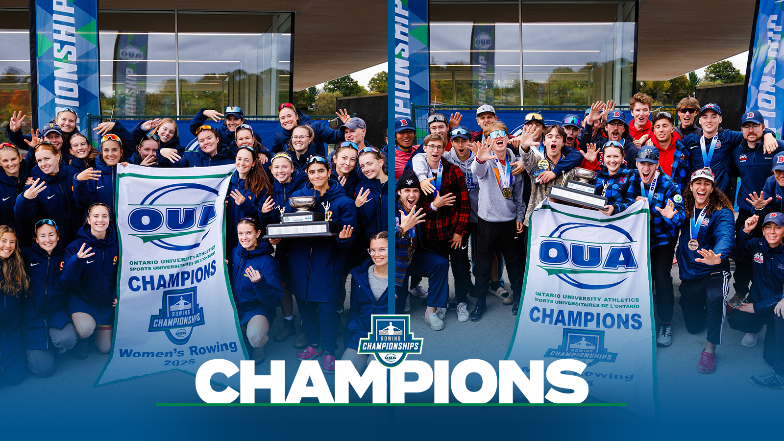 Banner photo of the Queen's women's rowing team and the Brock men's rowing team after winning the OUA Championship with a blue gradient on the bottom and the OUA rowing Championship logo and the word Champions in large white letters. 