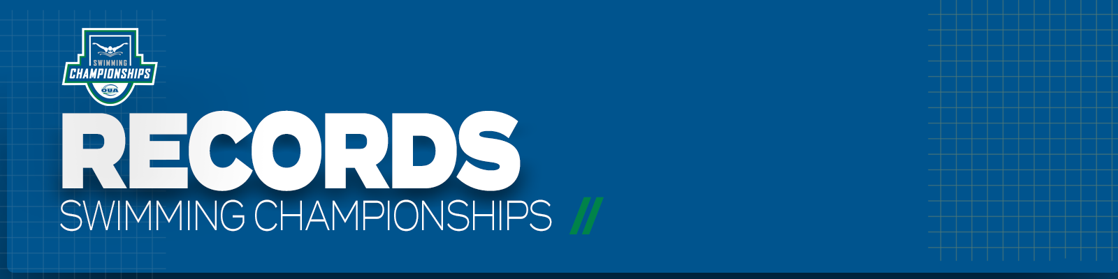 Graphic on predominantly blue background featuring large white text that reads, 'Records, Swimming Championships' with the OUA Swimming Championships logo placed above it