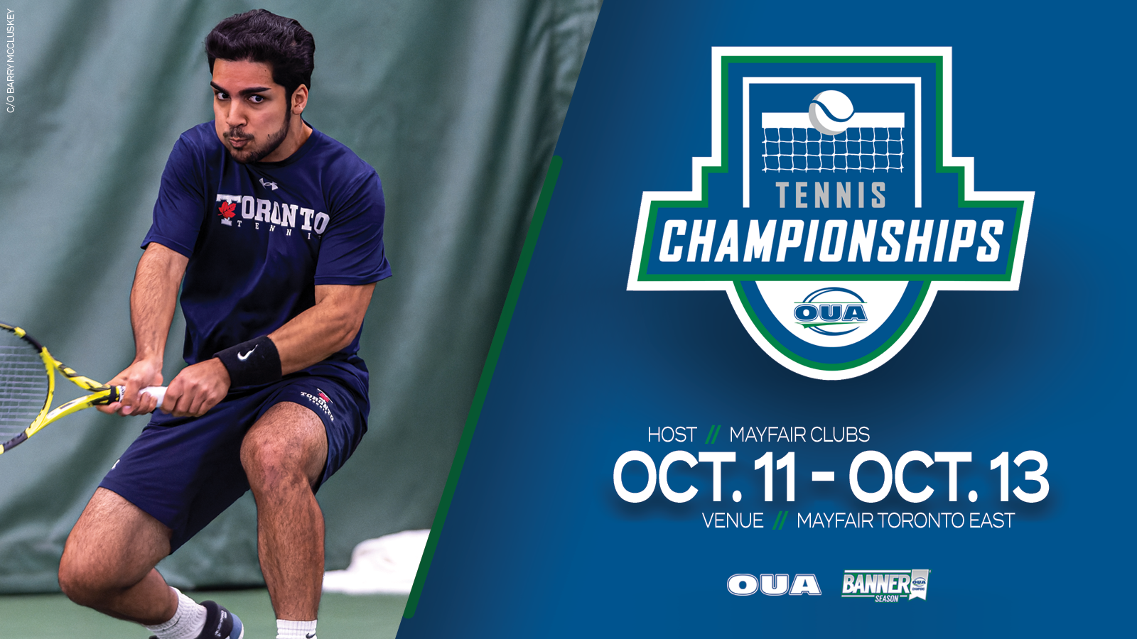 Graphic on a blue background with an action shot of a Toronto pitcher with the OUA Tennis Championship logo and event details next to the photo.