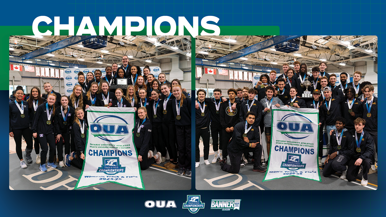 Graphic on blue background featuring banner-winning photo of the Western women?s Track & Field team and the Guelph Gryphons men?s Track & Field Team. Large white text reading, 'CHAMPIONS', is included in the top third. 