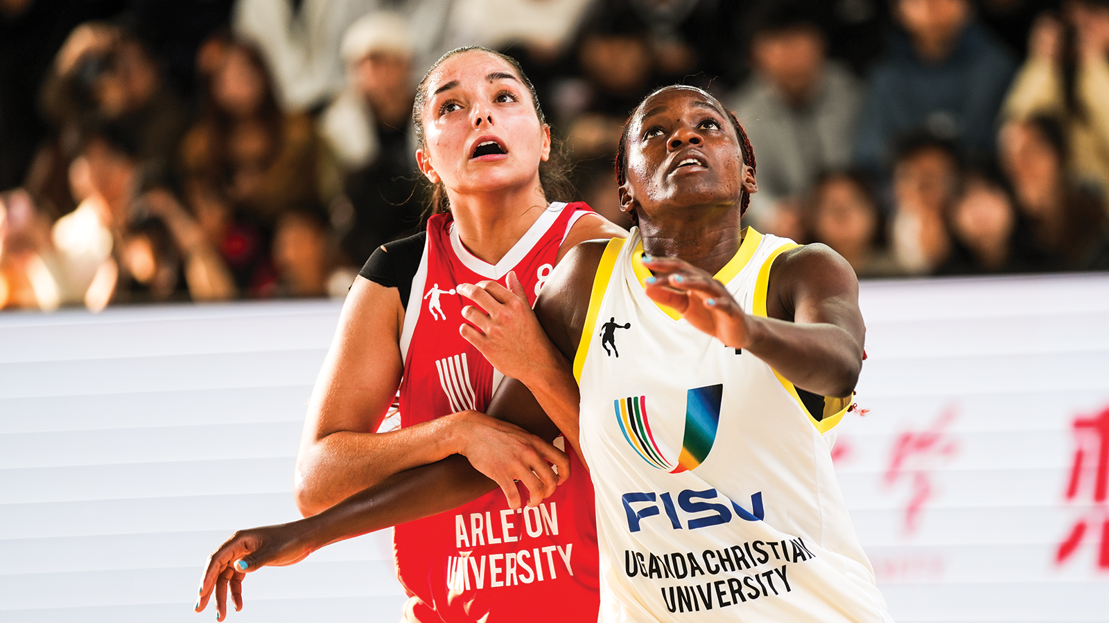 Action photo of a Carleton Ravens women's basketball player at the FISU 3x3 World Cup 