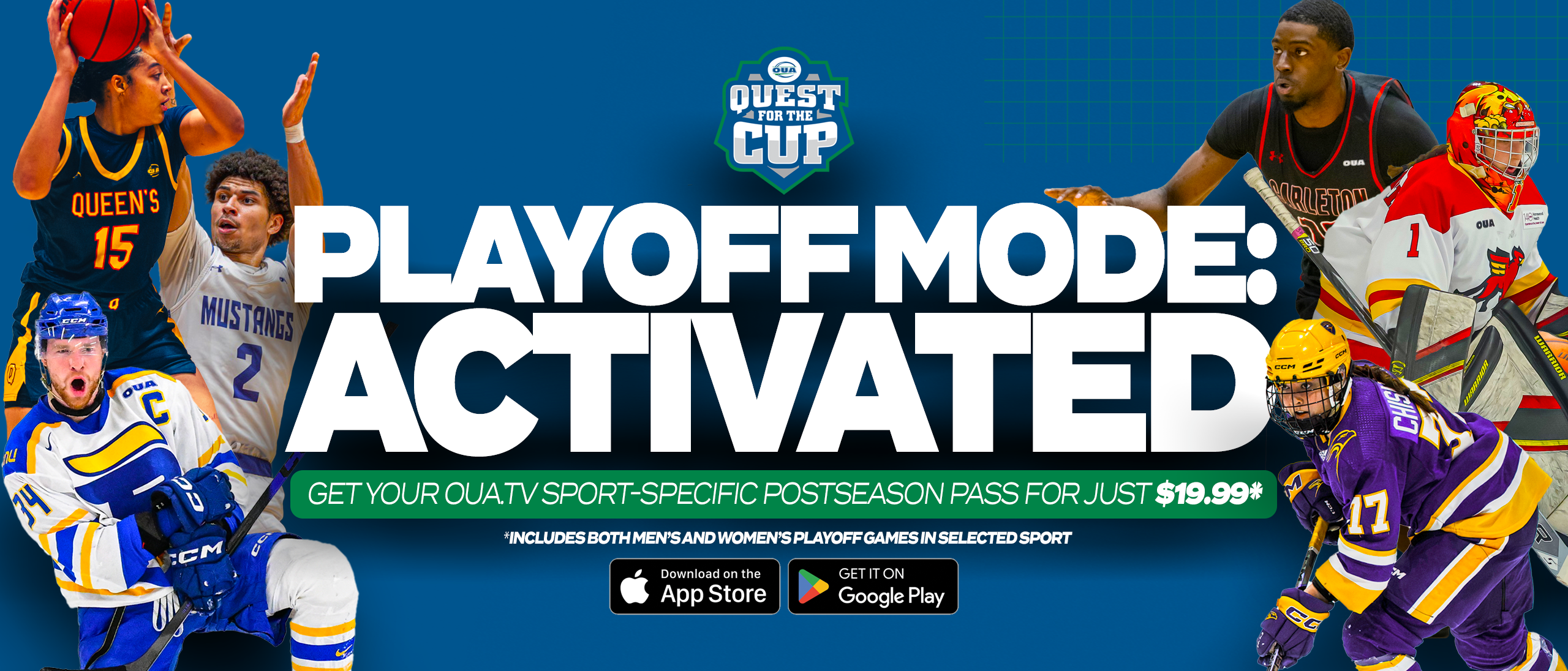 Graphic on blue background featuring collection of OUA student-athletes dispersed on either side of large white text that reads, 'Playoff Mode: Activated"