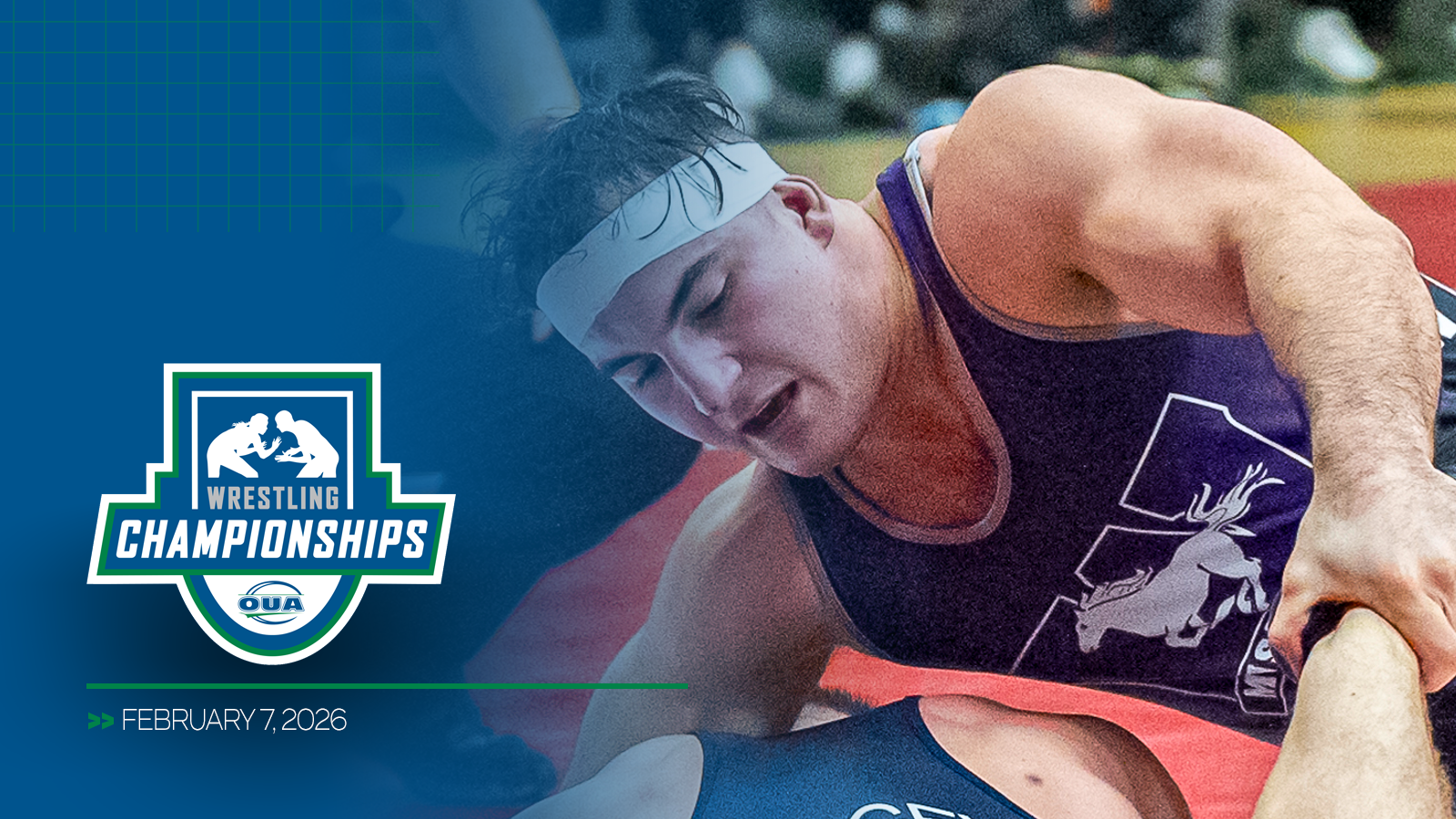 Action photo of a Western Mustangs wrestler, with a blue gradient over the photo, and the OUA Wrestling logo in the corner with the event date below. 