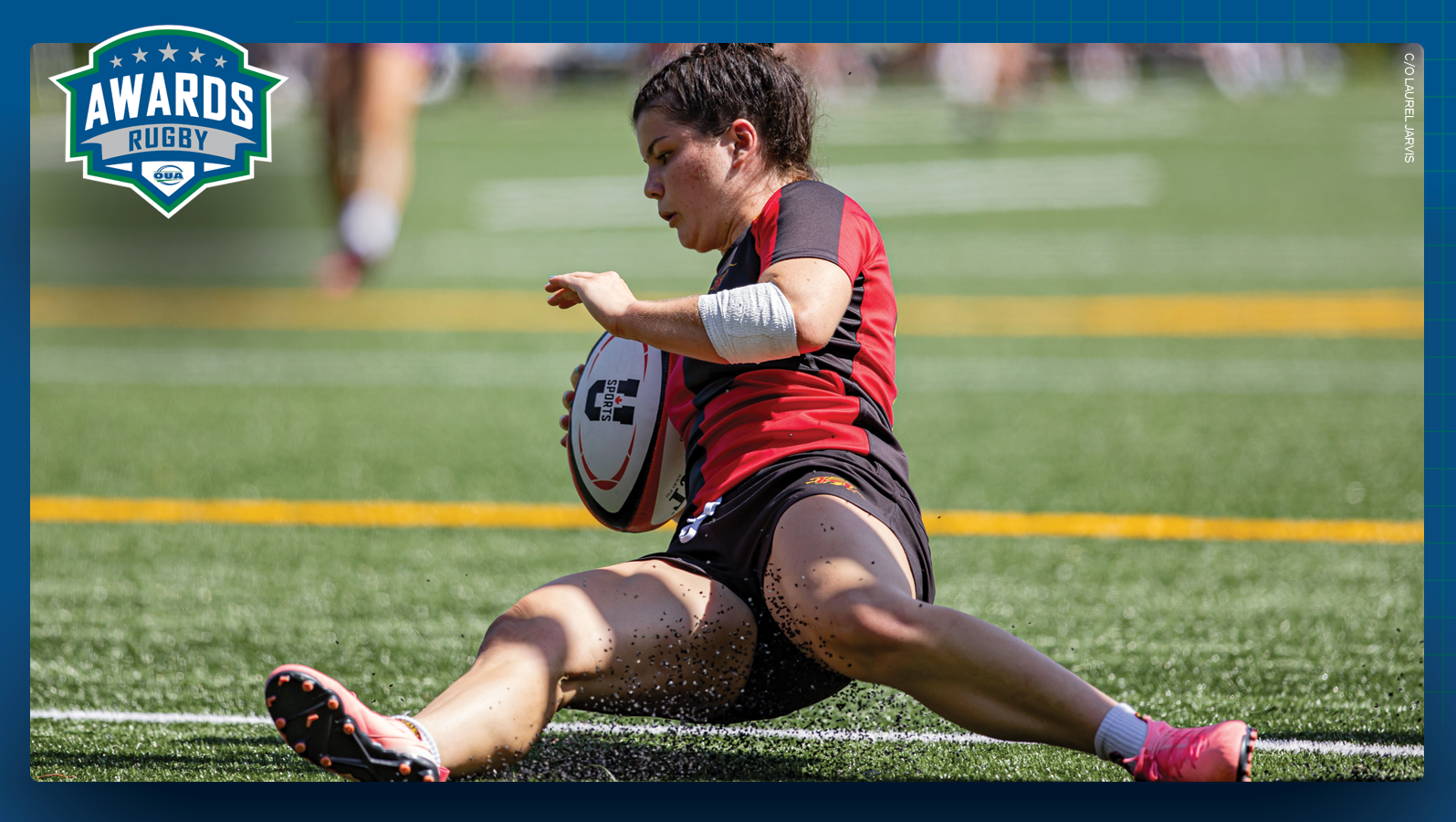 Action photo of Guelph women's rugby player Adelaide Holmes with the Women's rugby Awards logo in the left upper corner 
