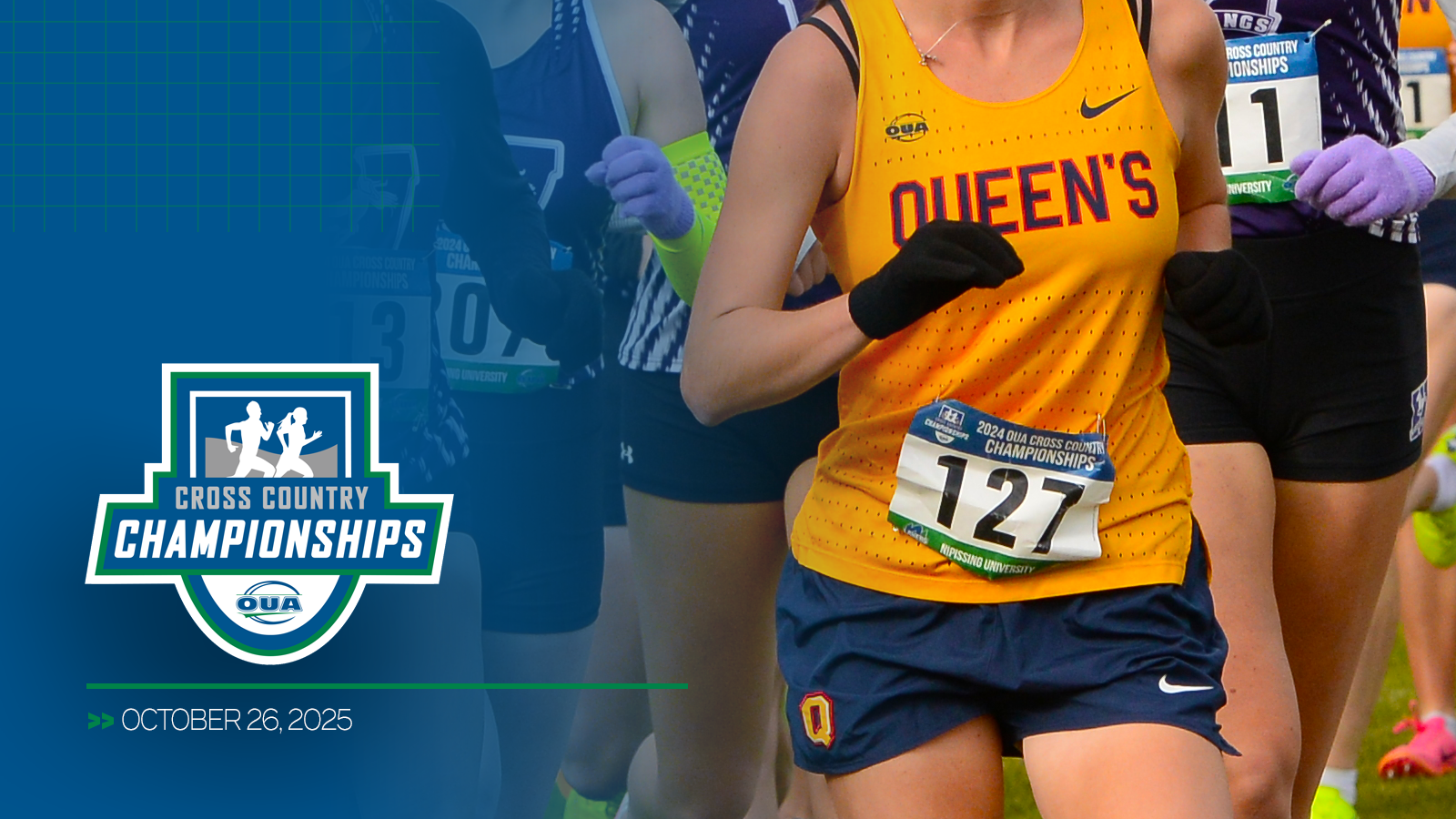 Graphic featuring zoomed in photo of a Queen's cross country runner, with a blue gradient overlap on the left and the OUA Cross Country Championships logo and championship dates included in the bottom left corner