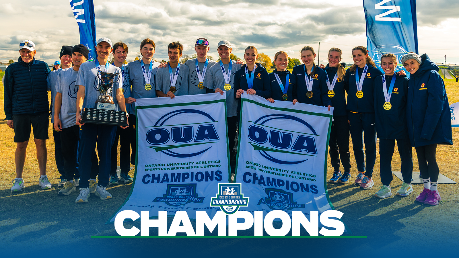 Banner photo of the Queen's women's & men's cross country team after winning the OUA Championship with a blue gradient on the bottom and the OUA Cross Country Championship logo and the word Champions in large white letters. 