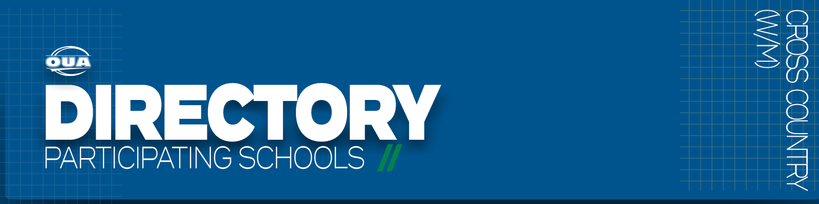 Predominantly blue graphic with large white text on the left side that reads 'Directory, Participating Schools' and small white vertical text on the right side that reads 'Cross Country'